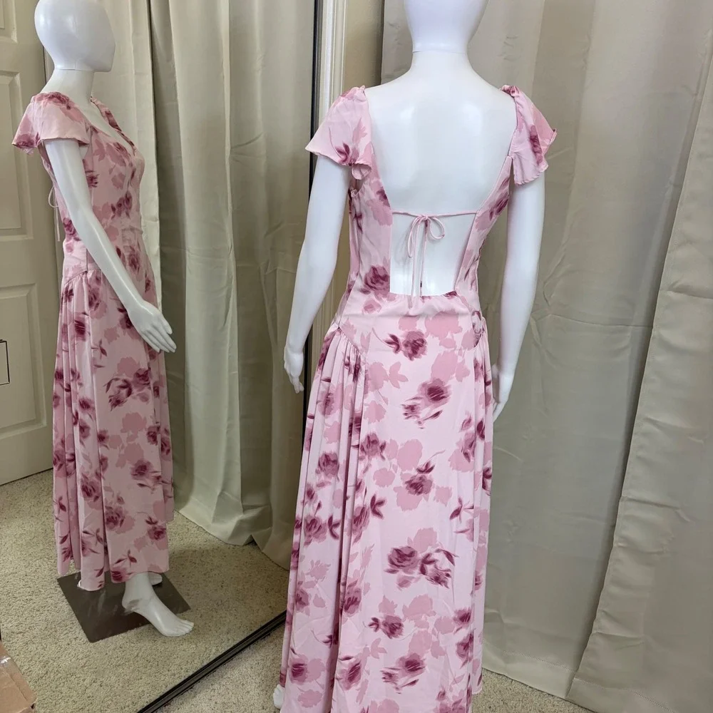 Abercrombie & Fitch Pink Floral Open Back Maxi Dress Flutter Sleeve Tall Large